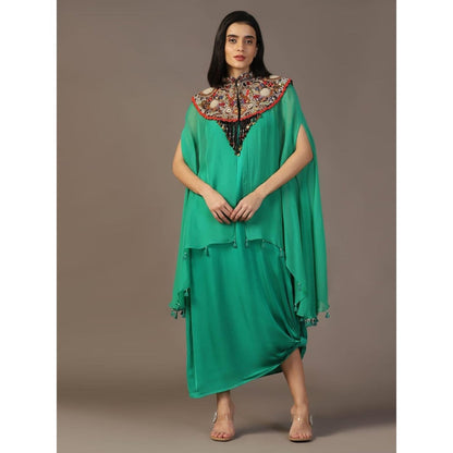 "Two Sisters" by Gyans Leaf Green Maxi Dress with Embroidered Cape (Set of 2)