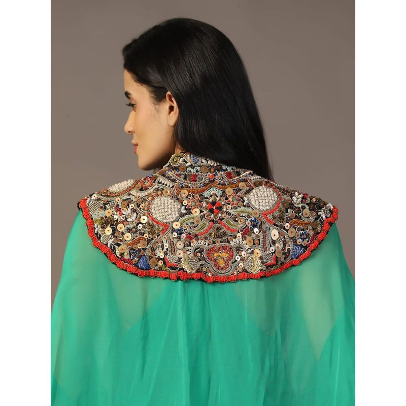 "Two Sisters" by Gyans Leaf Green Maxi Dress with Embroidered Cape (Set of 2)