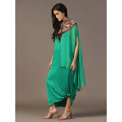 "Two Sisters" by Gyans Leaf Green Maxi Dress with Embroidered Cape (Set of 2)