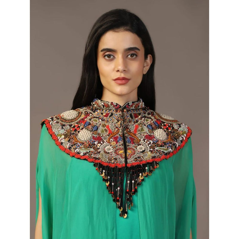 "Two Sisters" by Gyans Leaf Green Maxi Dress with Embroidered Cape (Set of 2)