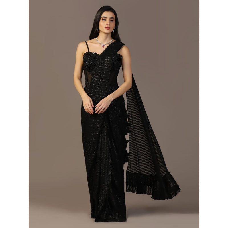 "Two Sisters" by Gyans Black Embroidered Pre-Draped Saree with Corset Top
