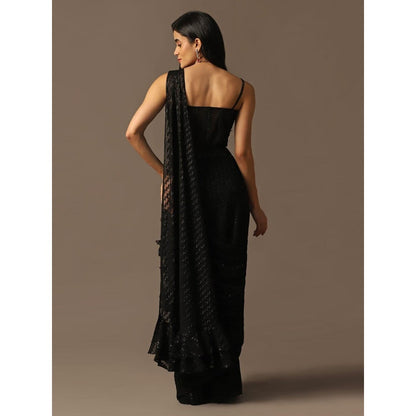 "Two Sisters" by Gyans Black Embroidered Pre-Draped Saree with Corset Top