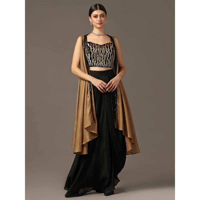 "Two Sisters" by Gyans Antique Gold Embroidered Bustier with Skirt and Cape (Set of 3)