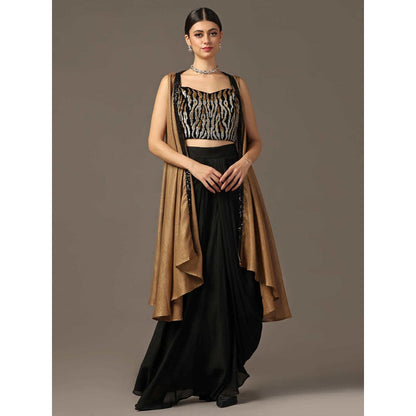 "Two Sisters" by Gyans Antique Gold Embroidered Bustier with Skirt and Cape (Set of 3)