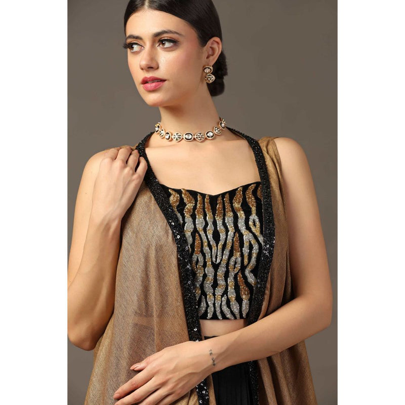 "Two Sisters" by Gyans Antique Gold Embroidered Bustier with Skirt and Cape (Set of 3)