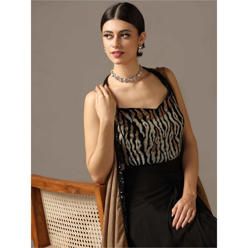 "Two Sisters" by Gyans Antique Gold Embroidered Bustier with Skirt and Cape (Set of 3)