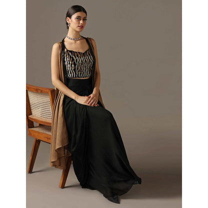 "Two Sisters" by Gyans Antique Gold Embroidered Bustier with Skirt and Cape (Set of 3)