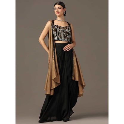 "Two Sisters" by Gyans Antique Gold Embroidered Bustier with Skirt and Cape (Set of 3)