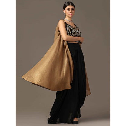 "Two Sisters" by Gyans Antique Gold Embroidered Bustier with Skirt and Cape (Set of 3)