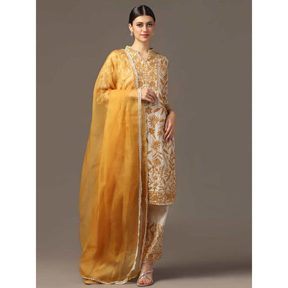 "Two Sisters" by Gyans Mustard Embroidered Kurta with Pant and Dupatta (Set of 3)