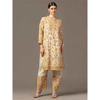 "Two Sisters" by Gyans Mustard Embroidered Kurta with Pant and Dupatta (Set of 3)