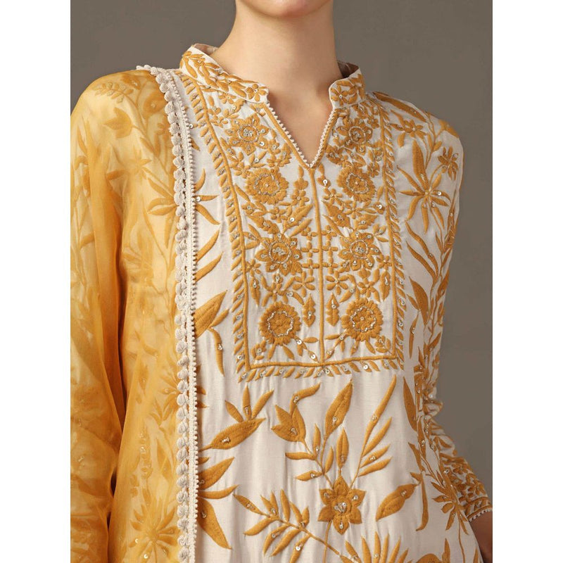 "Two Sisters" by Gyans Mustard Embroidered Kurta with Pant and Dupatta (Set of 3)