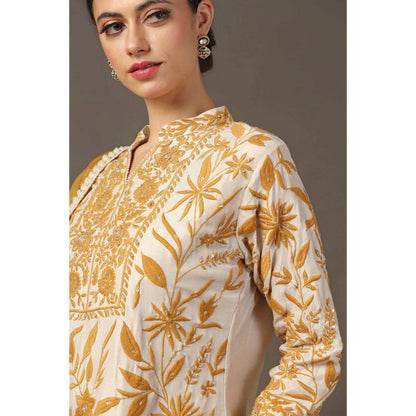 "Two Sisters" by Gyans Mustard Embroidered Kurta with Pant and Dupatta (Set of 3)