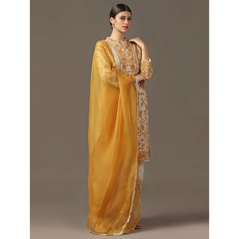 "Two Sisters" by Gyans Mustard Embroidered Kurta with Pant and Dupatta (Set of 3)