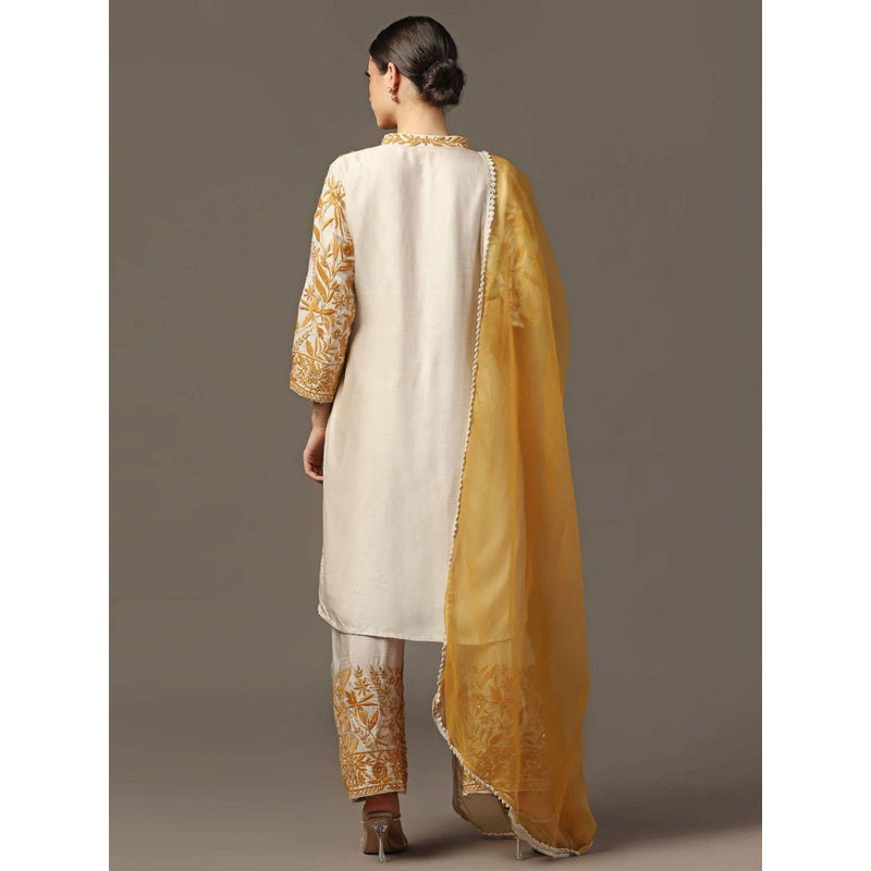 "Two Sisters" by Gyans Mustard Embroidered Kurta with Pant and Dupatta (Set of 3)