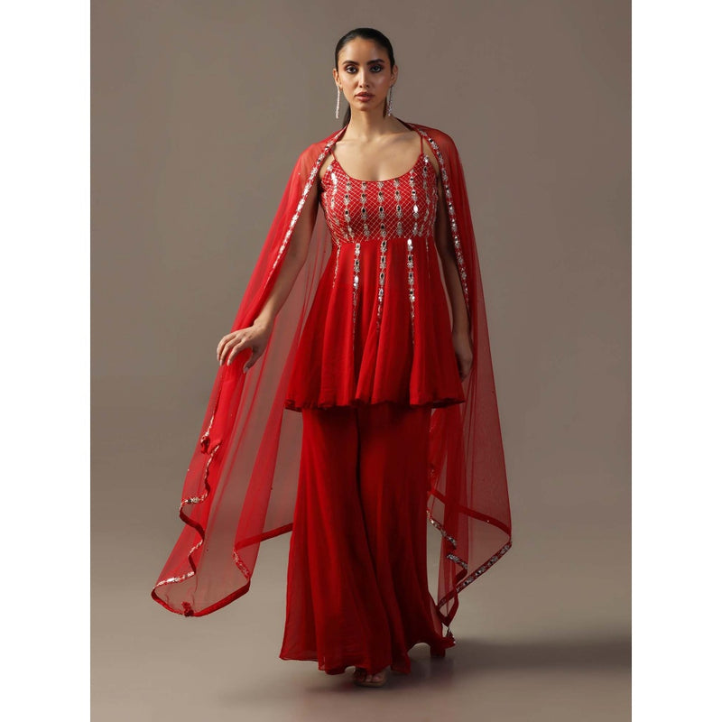 "Two Sisters" by Gyans Red Mirrorwork Sharara with Peplum Top and Dupatta (Set of 3)