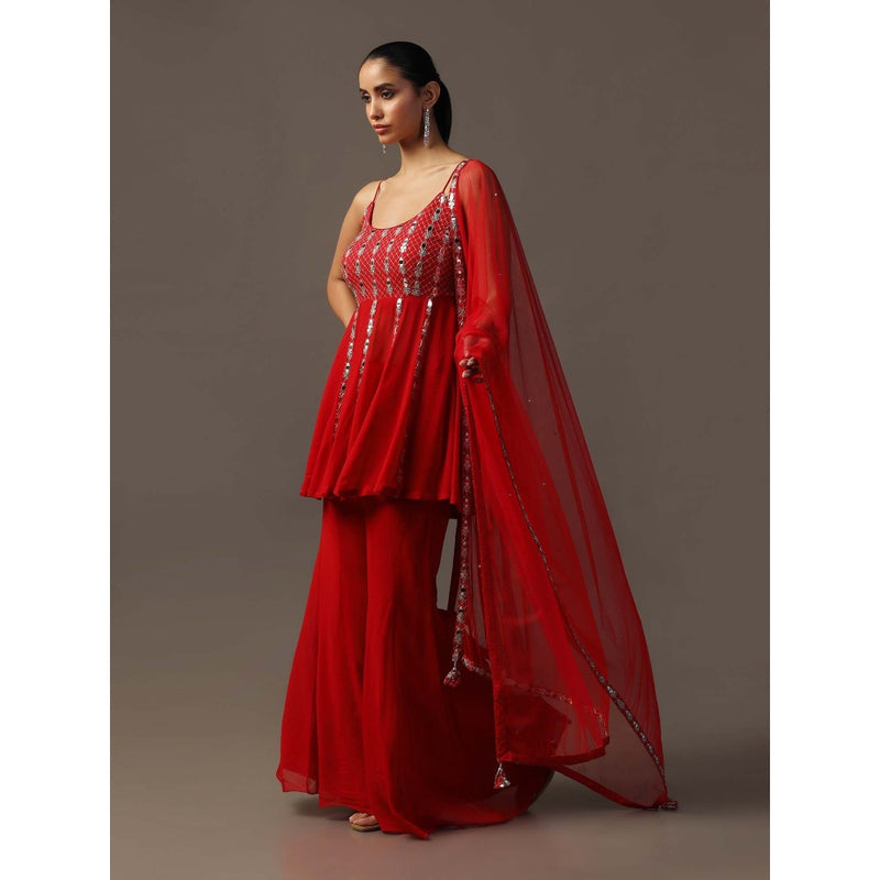 "Two Sisters" by Gyans Red Mirrorwork Sharara with Peplum Top and Dupatta (Set of 3)