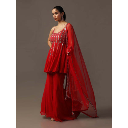 "Two Sisters" by Gyans Red Mirrorwork Sharara with Peplum Top and Dupatta (Set of 3)
