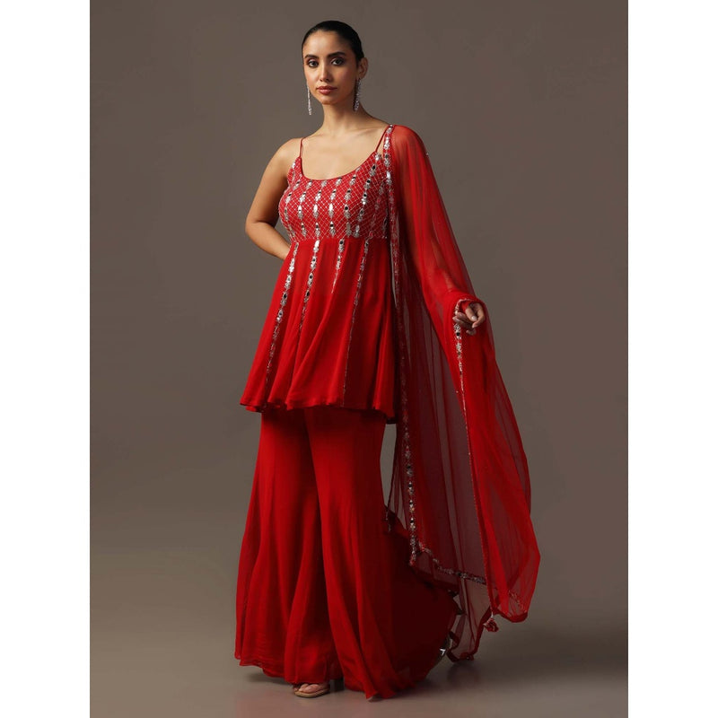 "Two Sisters" by Gyans Red Mirrorwork Sharara with Peplum Top and Dupatta (Set of 3)
