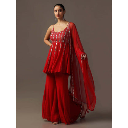 "Two Sisters" by Gyans Red Mirrorwork Sharara with Peplum Top and Dupatta (Set of 3)
