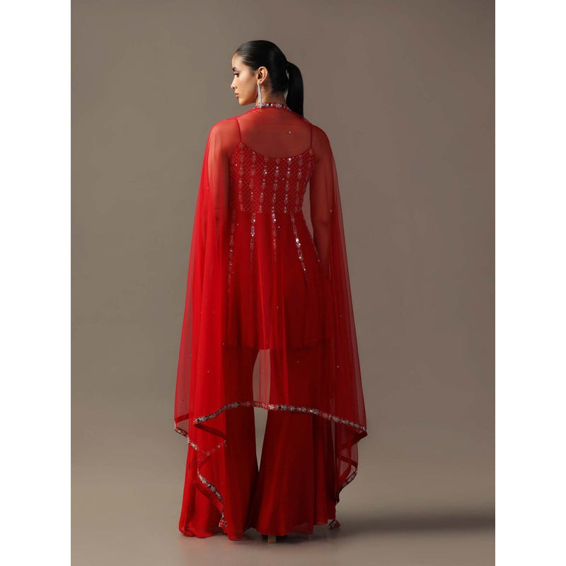 "Two Sisters" by Gyans Red Mirrorwork Sharara with Peplum Top and Dupatta (Set of 3)