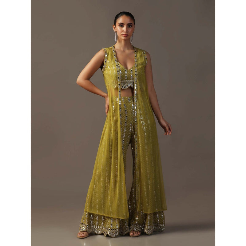 "Two Sisters" by Gyans Mehendi Green Bustier with Sharara and Cape (Set of 3)