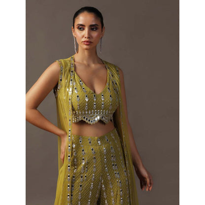 "Two Sisters" by Gyans Mehendi Green Bustier with Sharara and Cape (Set of 3)