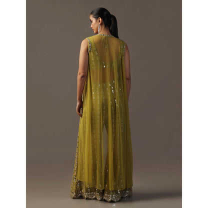 "Two Sisters" by Gyans Mehendi Green Bustier with Sharara and Cape (Set of 3)