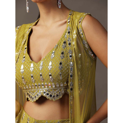 "Two Sisters" by Gyans Mehendi Green Bustier with Sharara and Cape (Set of 3)