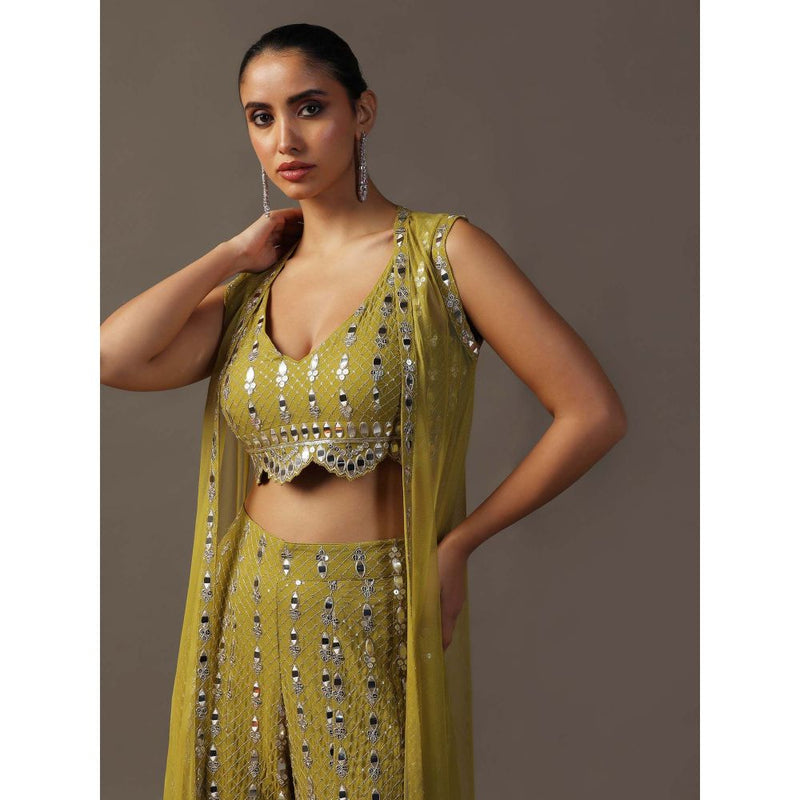 "Two Sisters" by Gyans Mehendi Green Bustier with Sharara and Cape (Set of 3)