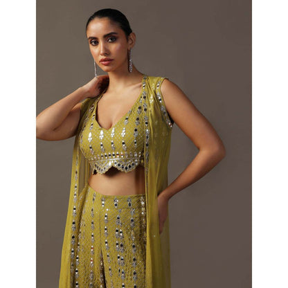 "Two Sisters" by Gyans Mehendi Green Bustier with Sharara and Cape (Set of 3)