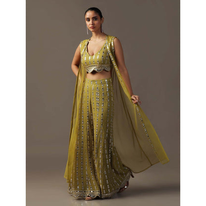 "Two Sisters" by Gyans Mehendi Green Bustier with Sharara and Cape (Set of 3)