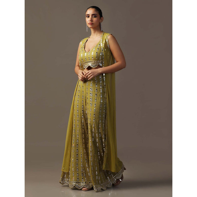 "Two Sisters" by Gyans Mehendi Green Bustier with Sharara and Cape (Set of 3)