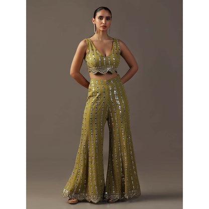 "Two Sisters" by Gyans Mehendi Green Bustier with Sharara and Cape (Set of 3)