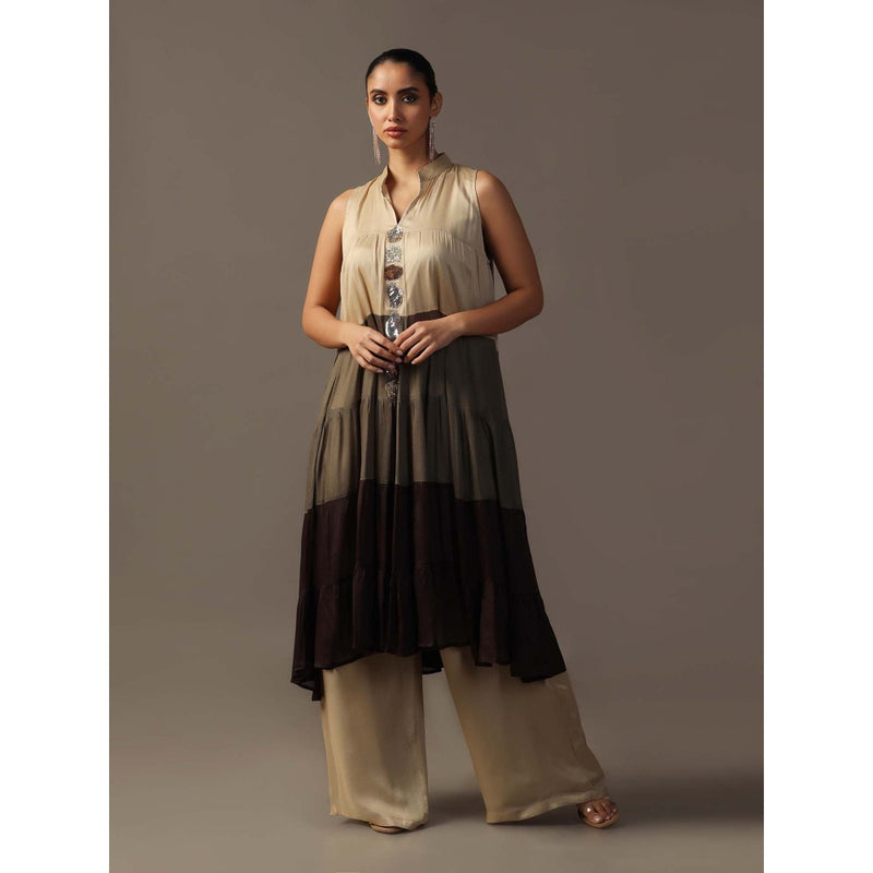 "Two Sisters" by Gyans Beige Tiered Kurta with Palazzo (Set of 2)