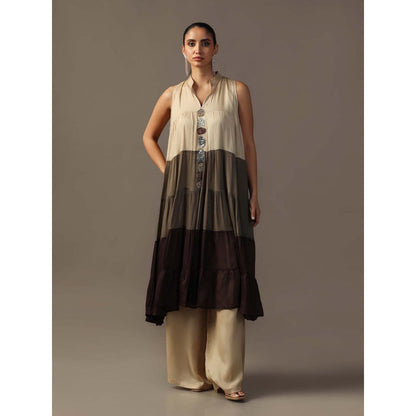 "Two Sisters" by Gyans Beige Tiered Kurta with Palazzo (Set of 2)