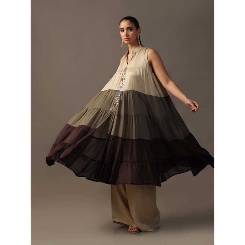 "Two Sisters" by Gyans Beige Tiered Kurta with Palazzo (Set of 2)