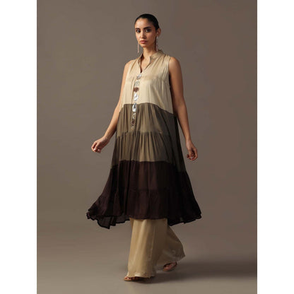 "Two Sisters" by Gyans Beige Tiered Kurta with Palazzo (Set of 2)