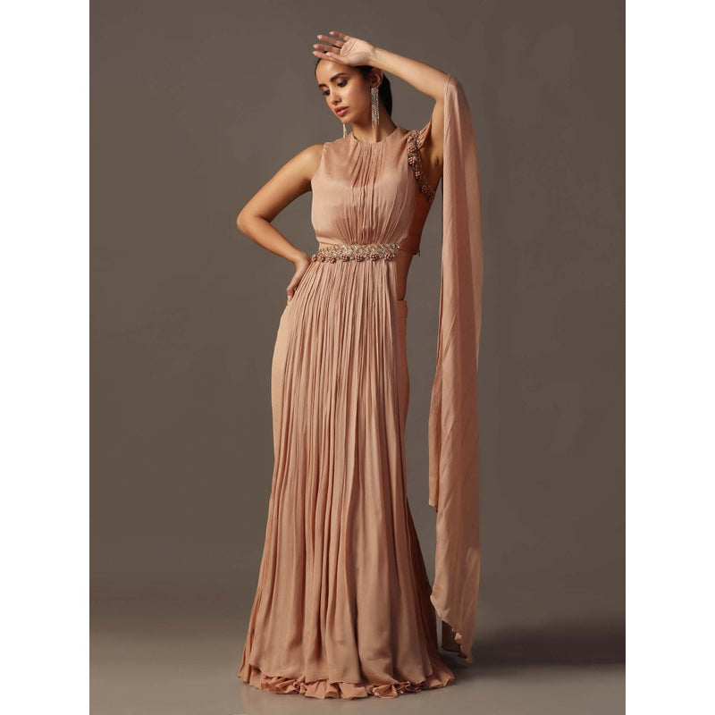 "Two Sisters" by Gyans Dusky Peach Fitted Lehenga with Blouse Attached Draped (Set of 2)