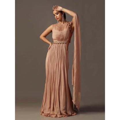 "Two Sisters" by Gyans Dusky Peach Fitted Lehenga with Blouse Attached Draped (Set of 2)