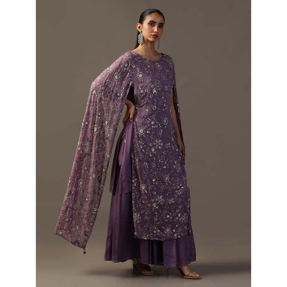"Two Sisters" by Gyans Purple Embroidered Kurta with Inner and Sharara (Set of 3)