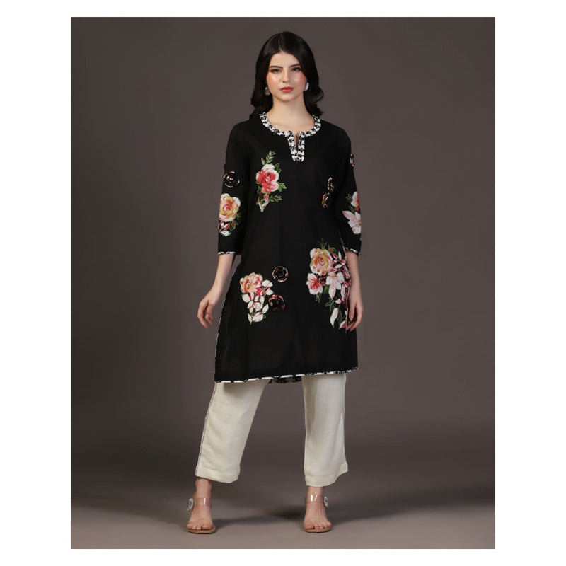 "Two Sisters" by Gyans Black 3D Shadow Floral & Applique Work Kurti With Pant (Set of 2)