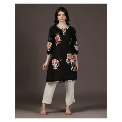 "Two Sisters" by Gyans Black 3D Shadow Floral & Applique Work Kurti With Pant (Set of 2)