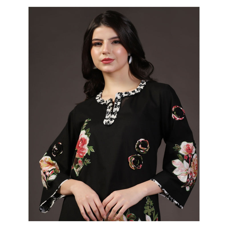 "Two Sisters" by Gyans Black 3D Shadow Floral & Applique Work Kurti With Pant (Set of 2)