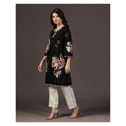 "Two Sisters" by Gyans Black 3D Shadow Floral & Applique Work Kurti With Pant (Set of 2)