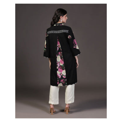 "Two Sisters" by Gyans Black 3 D Floral Applique Cotton Kurti With Pant (Set of 2)