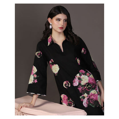 "Two Sisters" by Gyans Black 3 D Floral Applique Cotton Kurti With Pant (Set of 2)