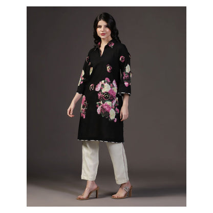 "Two Sisters" by Gyans Black 3 D Floral Applique Cotton Kurti With Pant (Set of 2)