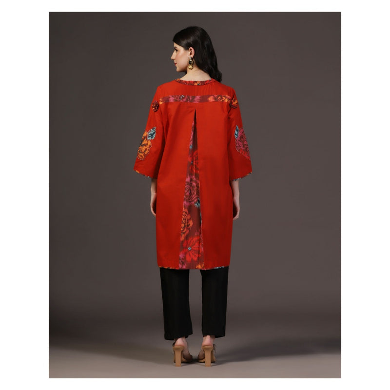 "Two Sisters" by Gyans Ruby Rhapsody Red Applique Printed Kurti With Pant (Set of 2)