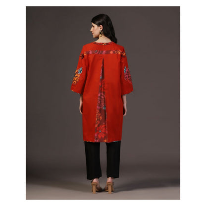 "Two Sisters" by Gyans Ruby Rhapsody Red Applique Printed Kurti With Pant (Set of 2)